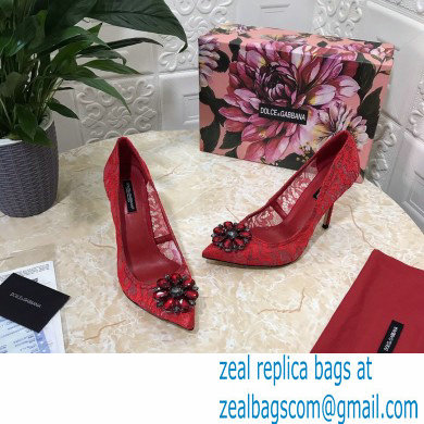 Dolce  &  Gabbana Heel 10.5cm Taormina Lace Pumps Red with Crystals 2021